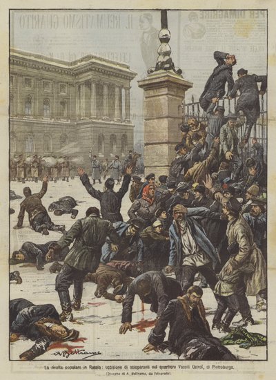 The popular revolt in Russia, killing of strikers in the Vassili Ostrof district of St. Petersburg by Achille Beltrame