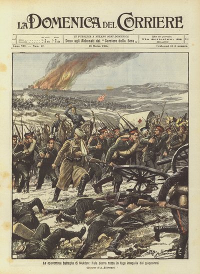 The terrifying battle of Mukden, the fleeing Russian right wing pursued by the Japanese by Achille Beltrame