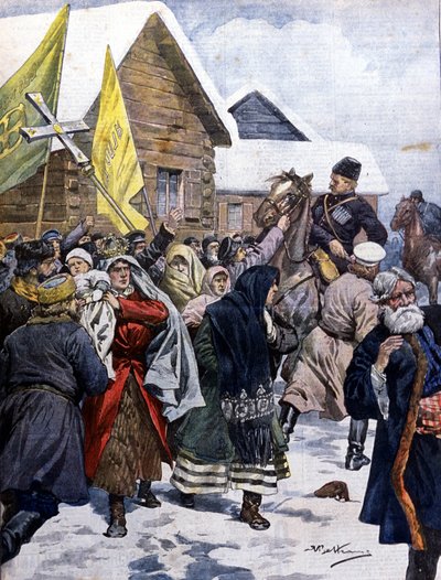Superstition in Russia: the police attempt to disperse the sect of the new Christians. Illustration of Beltrame. La Domenica del Corriere. 1901 by Achille Beltrame