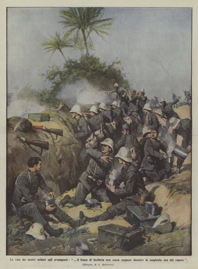 The Life of Our Soldiers at the Outposts, Rifle Fire Does Not Cease Even During by Achille Beltrame
