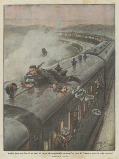 Railway Lampman Forgotten on Top of a Carriage at the Departure of a Train in Tuscany by Achille Beltrame