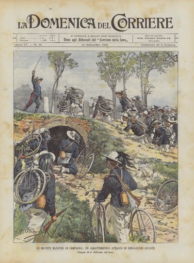 The Recent Field Maneuvers, A Characteristic Attack by Cyclist Bersaglieri by Achille Beltrame