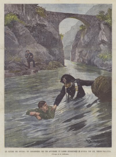 The Victims of Duty, A Carabiniere Who, to Catch a Thief Who Escaped Him, Drowns with Him, Near Pallanza by Achille Beltrame