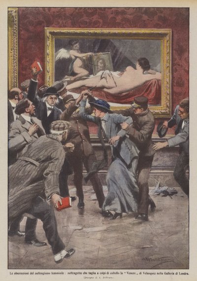 The Aberrations of Female Suffrage, Suffragette Cuts the Venus with Knife Blows by Achille Beltrame