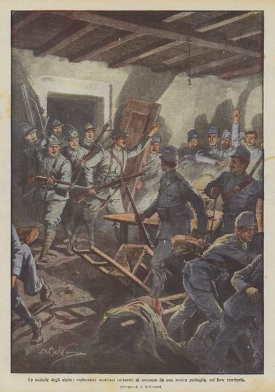 The Boldness of the Alpini, Austrian Scouts Captured by Surprise by One of Our Patrols, on Their Territory by Achille Beltrame
