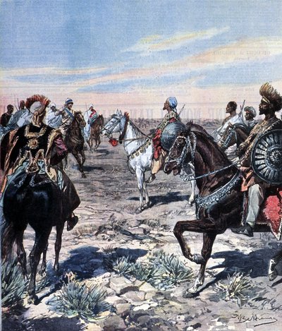 Captain Mozzetti in the camp of Ras Makonnen in Ethiopia. Illustration by Beltrame. La Domenica del corriere. 1899 by Achille Beltrame