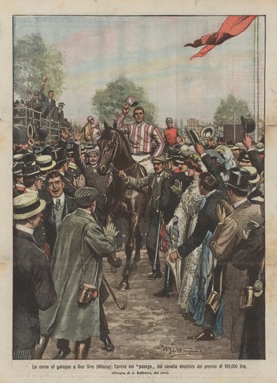 Gallop races at San Siro (Milan), the arrival of the winning horse of the 100,000 lire prize by Achille Beltrame