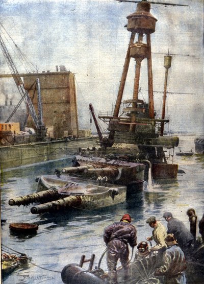 The German battleship Hindenburg, sunk at Scapa Flow in Scotland, resurfaced thanks to the English fleet after 7 years at the bottom of the oceans. Illustration by Beltrame. La Domenica del Corriere by Achille Beltrame