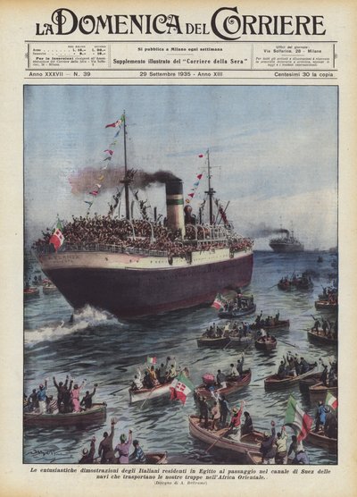 The Enthusiastic Demonstrations of Italians Living in Egypt at the Passage in the Suez Canal by Achille Beltrame