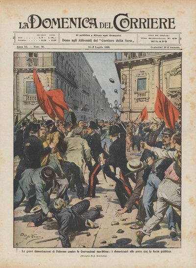 The serious demonstrations in Palermo against the maritime conventions, demonstrators clashing with the public force by Achille Beltrame