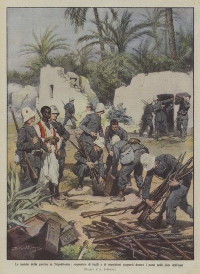 The Perils of War in Tripolitania, Seizure of Rifles and Ammunition Discovered Inside by Achille Beltrame