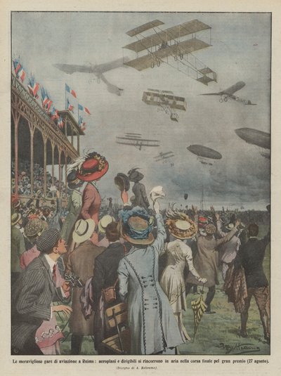 The Wonderful Aviation Competitions in Reims, Airplanes and Airships Racing in the Sky by Achille Beltrame