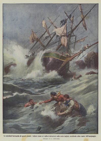 The Deadly Storms of These Days, Russian Four-Masted Ship Wrecked on the English Coast by Achille Beltrame