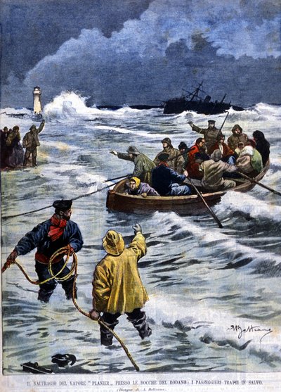 The shipwreck of the steamship Planier near the mouths of the Rhône: the rescuers bring back the passengers. Illustration by Beltrame. La Domenica del Corriere. 1901. by Achille Beltrame