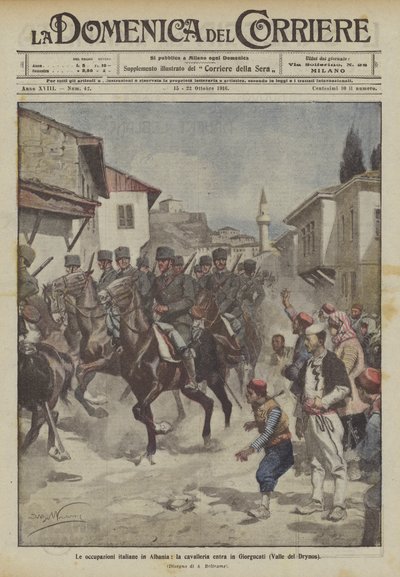 The Italian Occupations in Albania, The Cavalry Enters Giorgucati (Drynos Valley) by Achille Beltrame