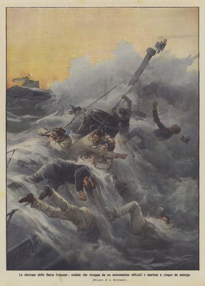 Misfortunes of the French fleet, wave sweeps officers and sailors from a submarine, drowning five by Achille Beltrame
