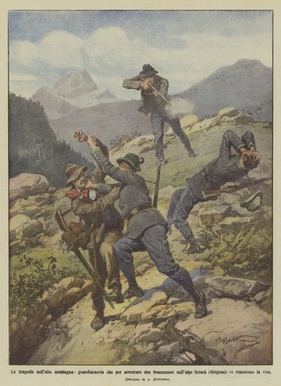 Tragedies in the High Mountains, Gamekeeper Arrests Two Poachers in the Setsch Alps by Achille Beltrame