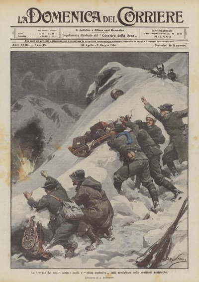 The inventions of our alpini, explosive barrels and sleds thrown onto Austrian positions by Achille Beltrame