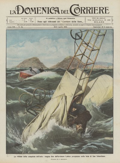The victims of the conquest of the air, tragic end of aviator Leblon who fell into the bay of San Sebastian by Achille Beltrame