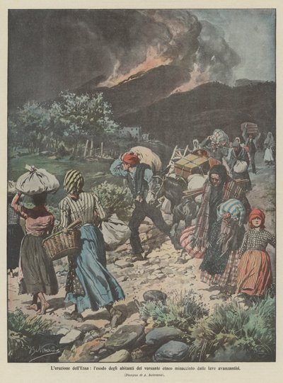 The eruption of Etna, the exodus of the inhabitants of the Etna side threatened by advancing lava by Achille Beltrame