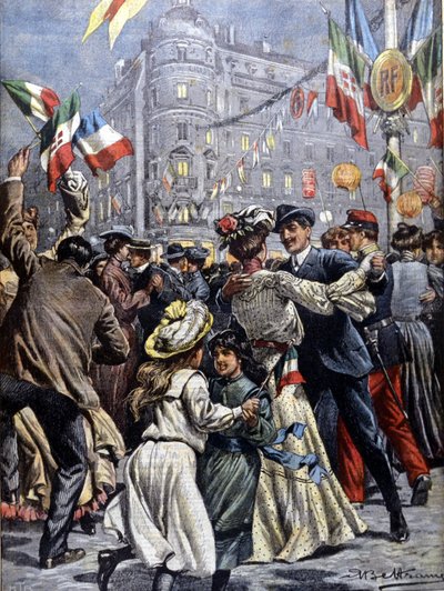 The sovereigns of Italy in Paris: the popular balls in the streets. Illustration by Beltrame. La Domenica del Corriere. 1903. by Achille Beltrame
