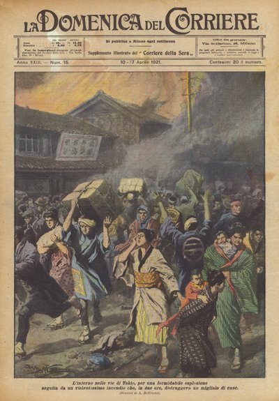 Hell in the streets of Tokyo, due to a formidable explosion followed by a violent fire by Achille Beltrame