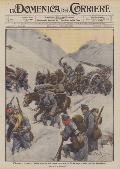 Winter and War, Painful Advance of Austrian Troops in Serbia Under Heavy Snowfall by Achille Beltrame
