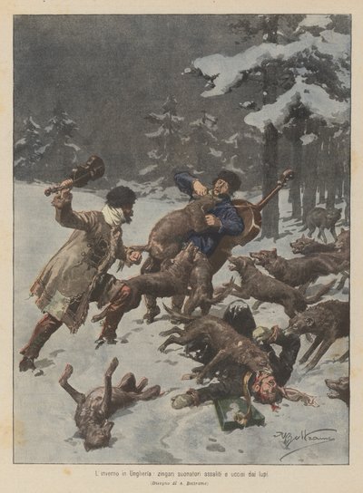 Winter in Hungary, Gypsy Musicians Attacked and Killed by Wolves by Achille Beltrame