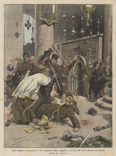 Religious Struggles in Jerusalem, Italian Franciscan Friars Attacked and Injured by Armenian Friars During a Ceremony by Achille Beltrame