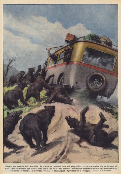 Along a Road in Anatolia (Turkey) a Bus with Six Travelers Was Attacked by a Pack of Bears by Achille Beltrame