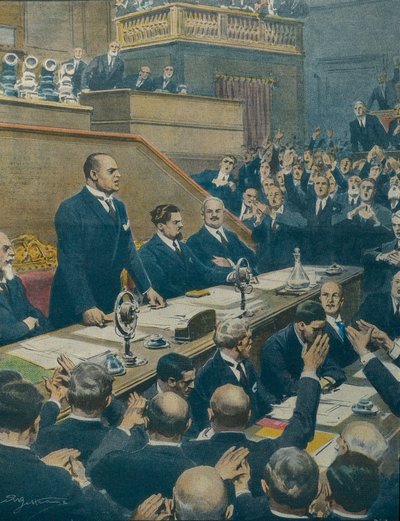 Mussolini announcing the alliance reached between the four Western powers to the Senate. Achille Beltrame by Achille Beltrame