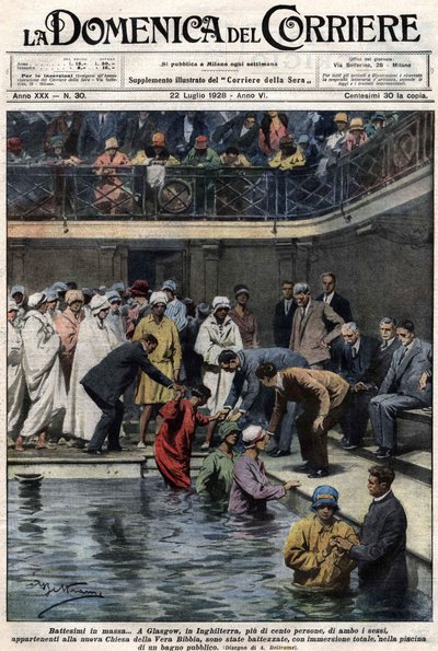 Mass Baptisms: In Glasgow, Scotland, More Than One Hundred People, Members of the New True Bible Church, Were Baptized in the Municipal Pool. Illustration by Beltrame. 