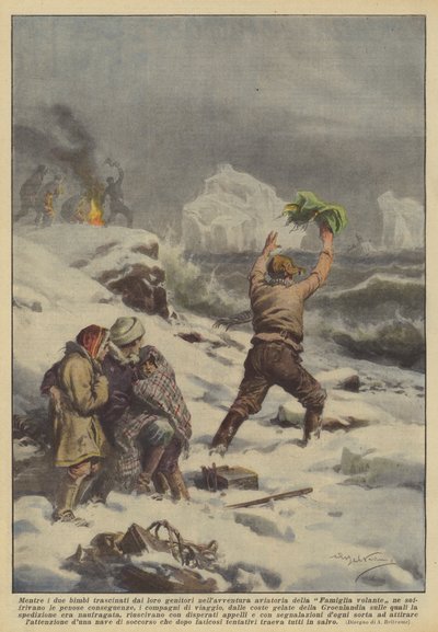 While the Two Children Dragged by Their Parents into the Aviation Adventure of the Flying Family... by Achille Beltrame