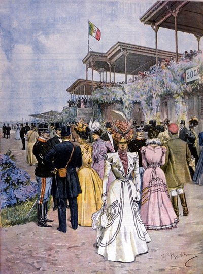 Milan: horse races at the San Siro hippodrome: awarding of the Commerce Prize (Premio del commercio). Illustration by Beltrame. La Domenica del corriere. 1899 by Achille Beltrame