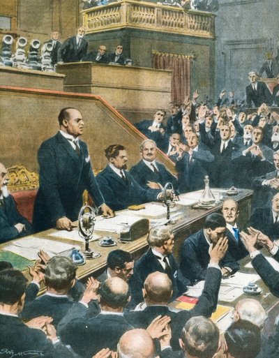 Mussolini announcing alliance reached between four Western powers to Senate, Achille Beltrame from La Domenica del Corriere, June 7 by Achille Beltrame