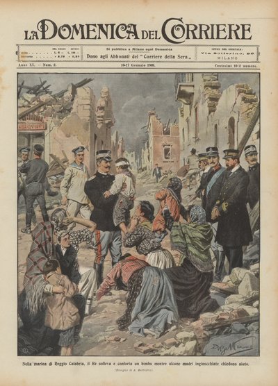 In the Marina of Reggio Calabria, the King Lifts and Comforts a Child While Some Kneeling Mothers Ask for Help by Achille Beltrame