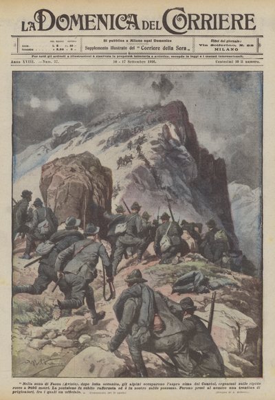 In the Fassa area (Avisio), after a fierce fight, the alpini occupied the rugged peak of Cauriol... by Achille Beltrame