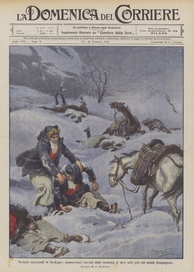 Exceptional Snowfalls in Sardinia, Merchants Overwhelmed by the Snowstorm in the Gorges of Mount Gennargentu by Achille Beltrame