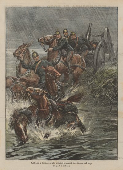 Storm in Berlin, horses, artillerymen, and cannons drowning in the mud by Achille Beltrame