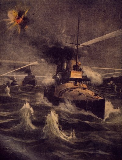 Our torpedo boats making daring incursion in Straits of Dardanelles under enemy fire, illustration from La Domenica del Corriere by Achille Beltrame