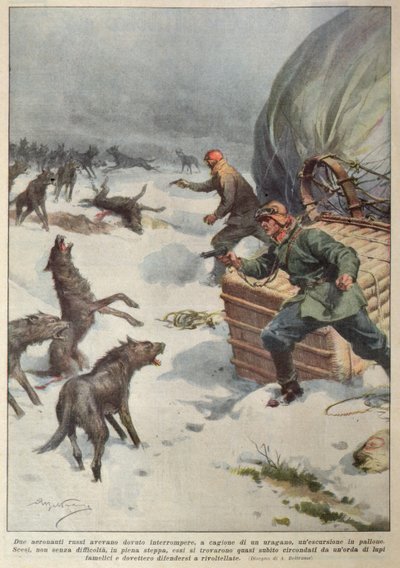 Packs of wolves attacking the crew of a grounded Russian hot air balloon, illustration from 
