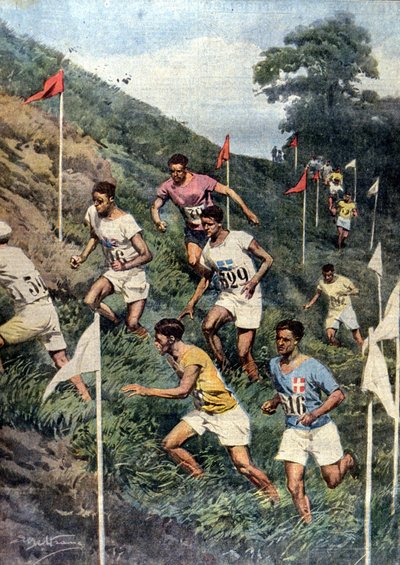 Paris Olympic Games: running with natural obstacles: cross-country. Illustration by Beltrame. La Domenica del Corriere by Achille Beltrame