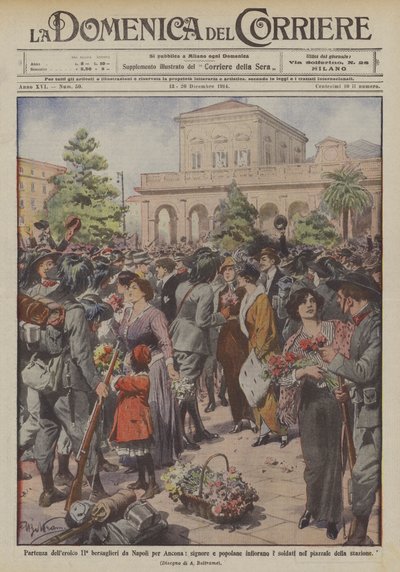 Departure of the Heroic 2nd Bersaglieri from Naples to Ancona, Ladies and Commoners Adorn the Soldiers by Achille Beltrame