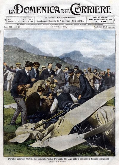 Peruvian Airman Chavez, After His Daring Cross of the Alps, Crashed in Domodossola with Serious Injuries. Illustration by Beltrame. 2/10/1910. 