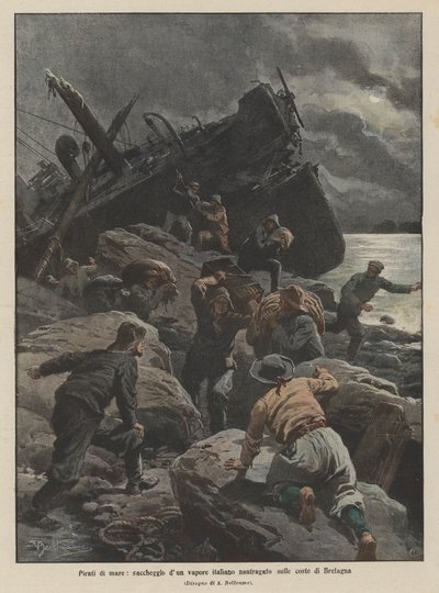 Sea pirates, looting of an Italian steamer wrecked on the coast of Brittany by Achille Beltrame