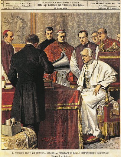 Pope Leone XIII reading Benediction into gramophone by Achille Beltrame