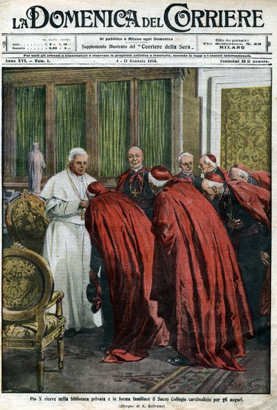Pope Pius X receives the cardinals in his library for the New Year