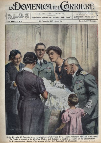Presentation of Prince Vittorio Emanuele, infant, to the sovereigns, with Queen Mother of the Belgians Elisabeth de Baviere, Victor Emmanuel III of Savoy, and Father. by Achille Beltrame