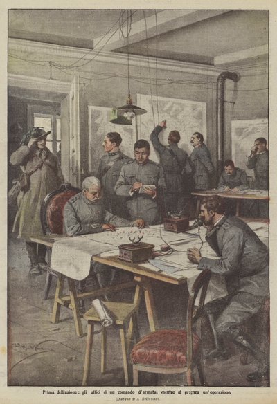 Before the action, the offices of an army command preparing an operation by Achille Beltrame