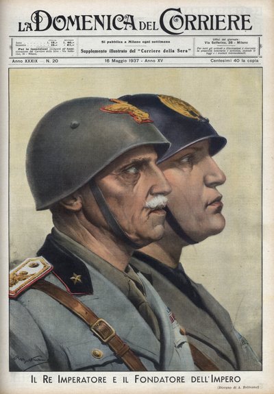 Profiles of King Vittorio Emanuele III and Duce Benito Mussolini, Founder of the Empire, in the Way of Roman Emperors. Illustration of Achille Beltrame in 
